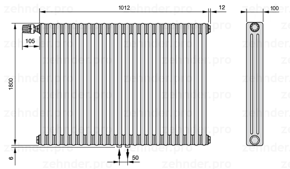 Схема (чертеж) Радиатор Zehnder Charleston 3180/22 №V007 Белый глянцевый RAL 9016